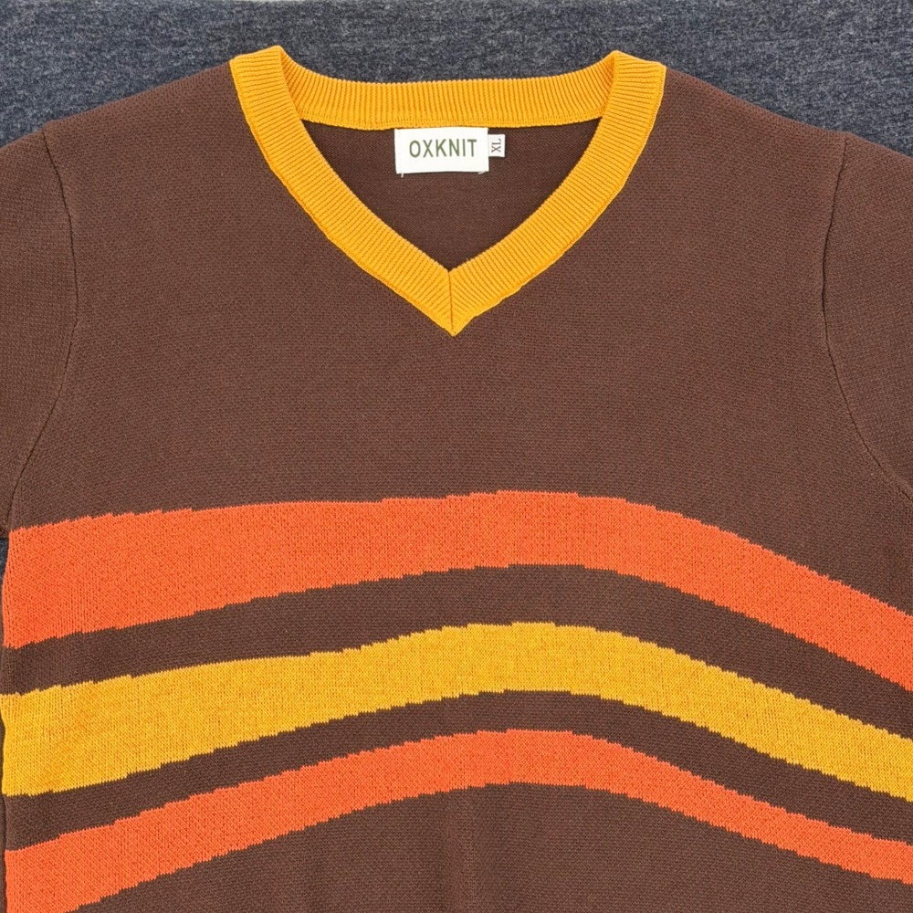 OXKNIT Short Sleeve Sweater Mens XL Brown Orange Stripe Retro Excellent - Picture 2 of 8